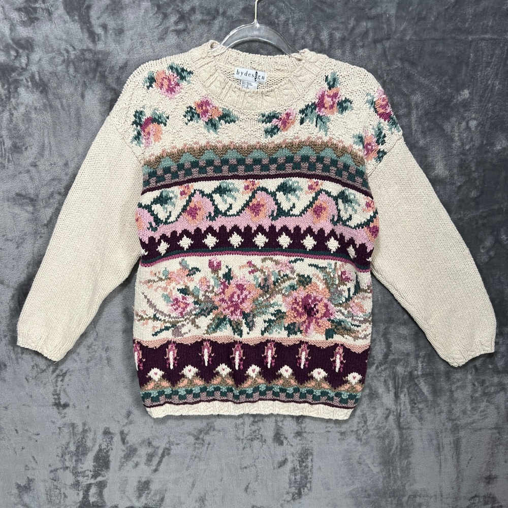 Vintage Floral Ramie Cotton Chunky Knit Sweater Cream Pink Purple Small Cottage